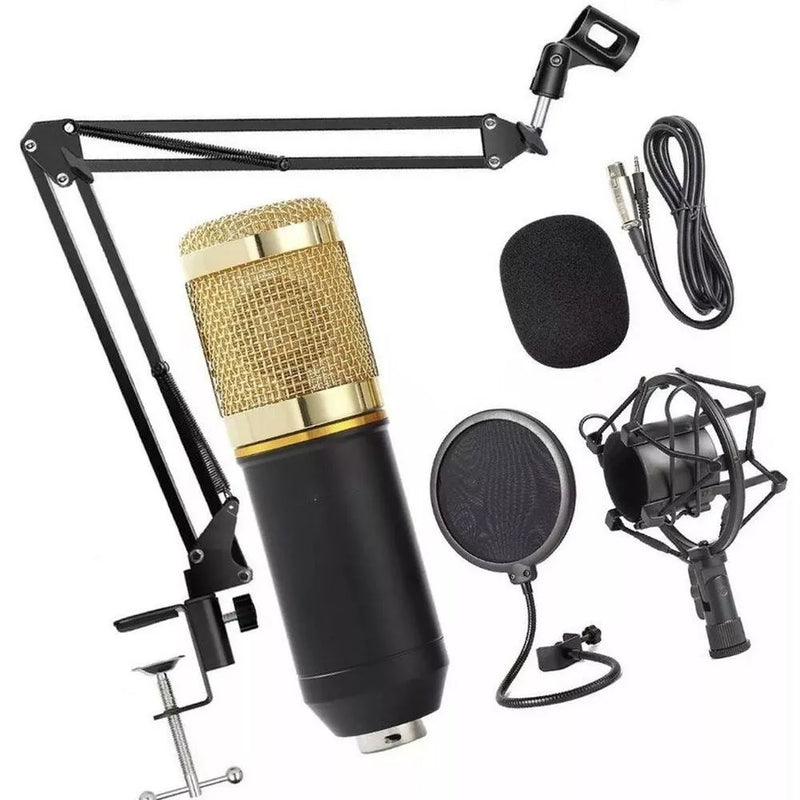 Kit Microfone Profissional Completo Bm800 Dourado com Pop Filter Aranha Braço Articulado